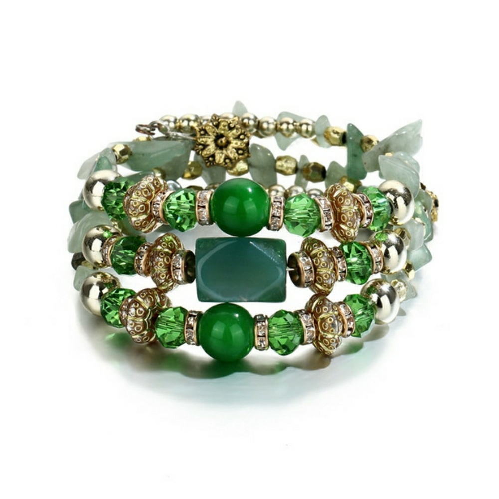 Cuff Wrap Memory Wire Bead Bracelet Green